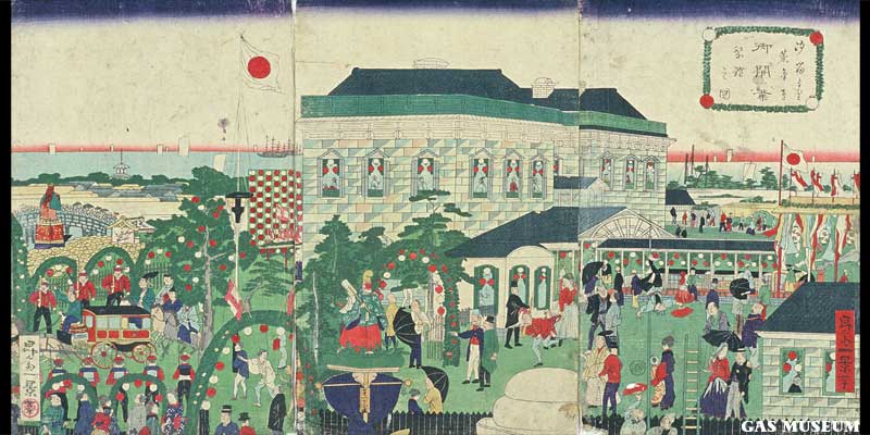 汐留より蒸気車御開業祭礼之図