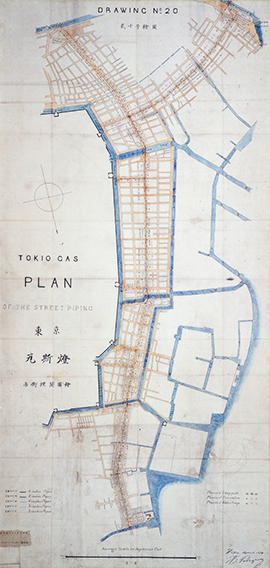 アンリ・プレグラン直筆の「東京瓦斯燈市街埋簡図絵」 明治7年(1874)